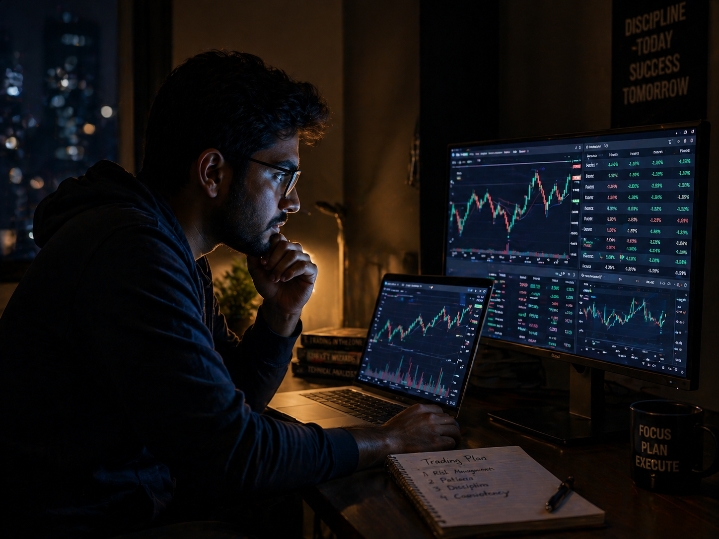 Indian funded forex trader comparing prop firms FTMO The5ers Blueberry at night — .ONE% Capitals