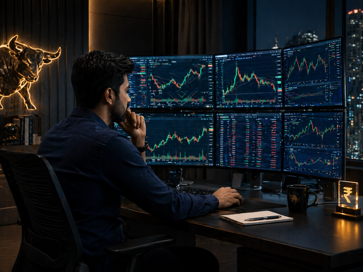 Indian trader at professional prop firm trading setup with multiple monitors — .ONE% Capitals