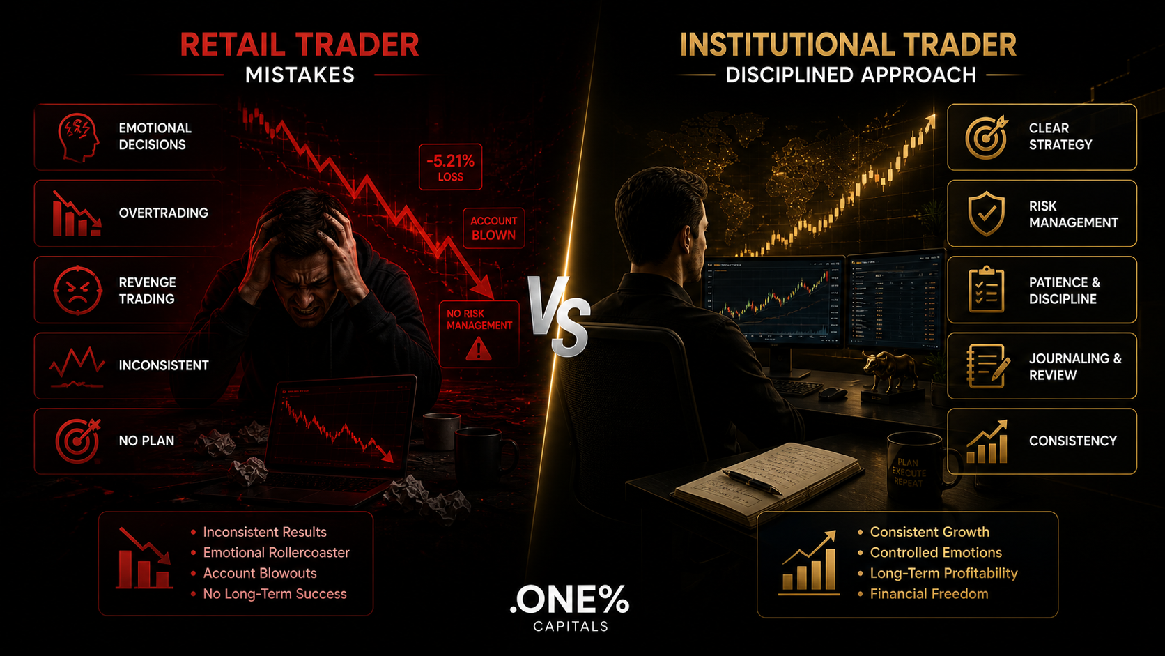 Common mistakes aspiring funded traders make — why people fail prop firm evaluations — .ONE% Capitals worldwide