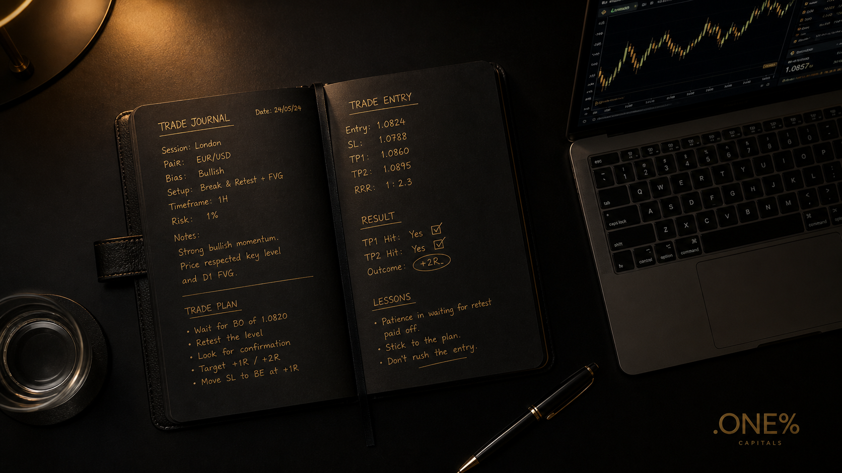 Professional trading journal template showing rule adherence tracking and emotion logging — .ONE% Capitals worldwide